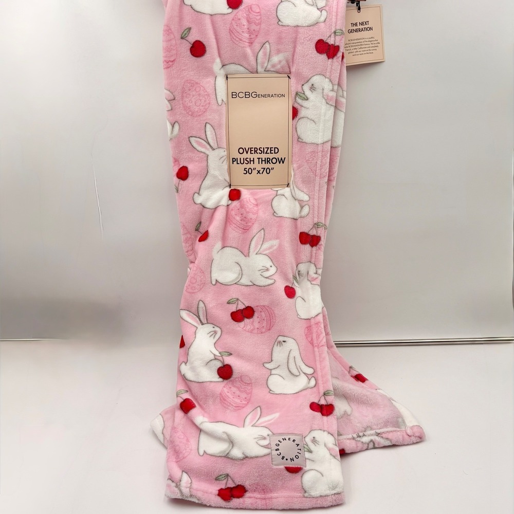 BCBGeneration Pink Bunny Cherry Easter Egg Oversized Plush Throw Blanket 50x70